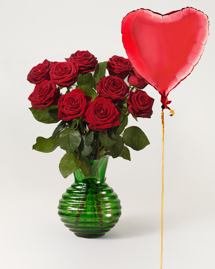 10 röda rosor med ballong
